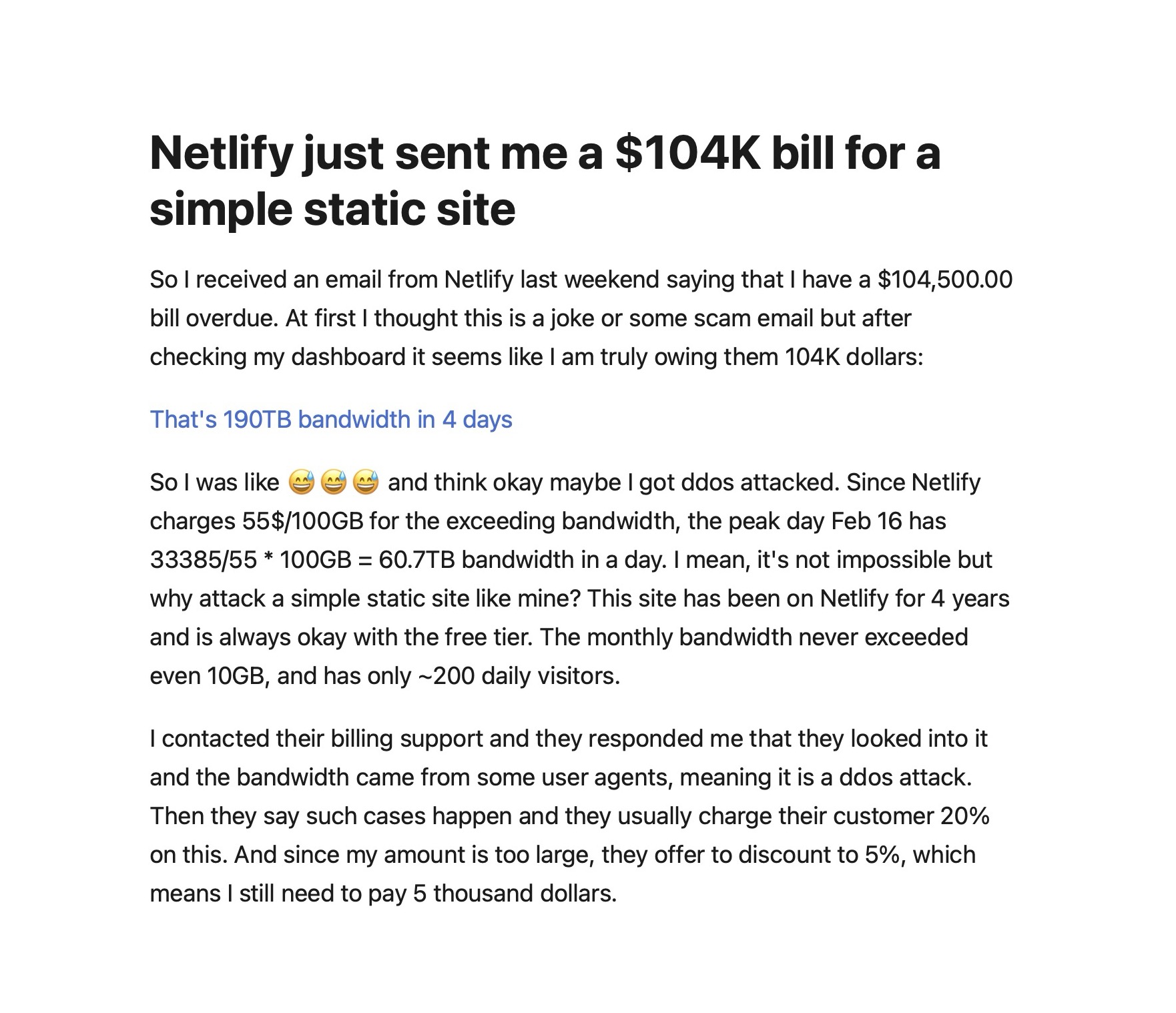 Photo from Twitter about a $104K bill from Netlify